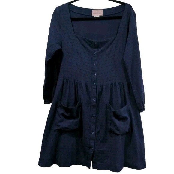 Folk by Hansel Basel Anthro Womens Square Neck LS Mini Dress Size M Navy Cottage - Picture 1 of 12